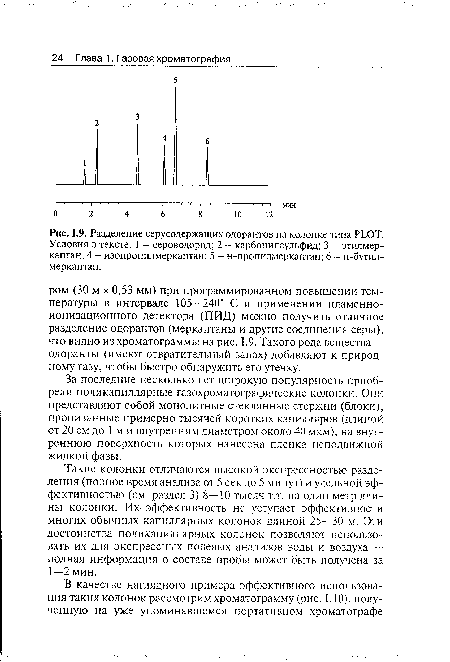 Такие колонки отличаются высокой экспрессностью разделения (полное время анализа от 5 сек до 5 минут) и удельной эффективностью (см. раздел 3) 8—10 тысяч т.т. на один метр длины колонки. Их эффективность не уступает эффективности многих обычных капиллярных колонок длиной 25—30 м. Эти достоинства поликапиллярных колонок позволяют использовать их для экспрессных полевых анализов воды и воздуха — полная информация о составе пробы может быть получена за 1—2 мин.