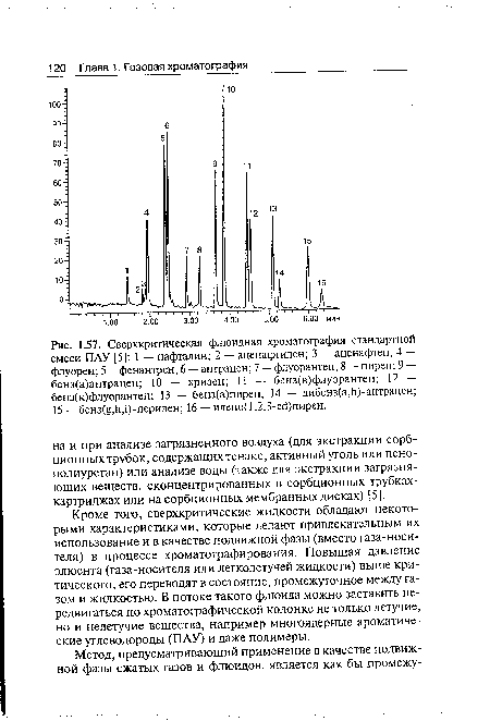 Кроме того, сверхкритические жидкости обладают некоторыми характеристиками, которые делают привлекательным их использование и в качестве подвижной фазы (вместо газа-носи-теля) в процессе хроматографирования. Повышая давление элюента (газа-носителя или легколетучей жидкости) выше критического, его переводят в состояние, промежуточное между газом и жидкостью. В потоке такого флюида можно заставить передвигаться по хроматографической колонке не только летучие, но и нелетучие вещества, например многоядерные ароматические углеводороды (ПАУ) и даже полимеры.