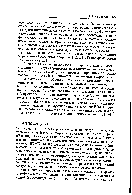 Сейчас ВЭЖХ стала идеальным инструментом для определения широкого круга термически неустойчивых токсичных соединений, которые не могут быть проанализированы с помощью газовой хроматографии. Множество современных агрохимикатов, включая метилкарбаматы и фосфорорганические инсектициды, различные нелетучие вещества, полимерные композиции и смеси тяжелых органических и биологически активных соединений — вот наиболее подходящие объекты анализа для ВЭЖХ. Обнаружение среди загрязнителей окружающей среды относительно нелетучих высокомолекулярных соединений, с одной стороны, и блестящие перспективы в плане автоматизации про-боподготовки для последующего анализа методом ВЭЖХ, с другой, несомненно сделают этот метод в ближайшем будущем одним из главных в экологической аналитической химии [4—9].