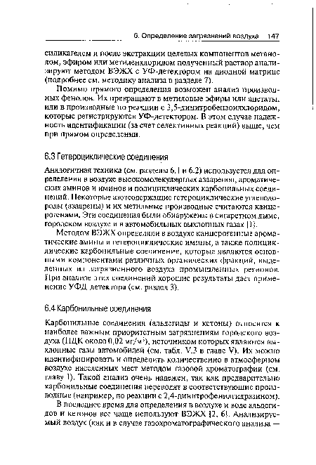 Методом ВЭЖХ определяли в воздухе канцерогенные ароматические амины и гетероциклические имины, а также полицик-лические карбонильные соединения, которые являются основными компонентами различных органических фракций, выделенных из загрязненного воздуха промышленных регионов. При анализе этих соединений хорошие результаты дает применение УФД-детектора (см. раздел 3).