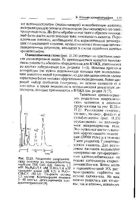 Одноколоночная схема (рис. 11.24) уступает по чувствительности рассмотренной выше. Ее преимуществом является возможность работы на обычном оборудовании для ВЭЖХ, имеющемся во многих лабораториях (см. разделы 1—3). Помимо простоты аппаратуры (не нужна подавляющая колонка при использовании элюентов малой проводимости) для одноколоночной схемы характерна более высокая эффективность разделения, более широкий выбор сорбентов (например, на основе силикагеля) и элюентов, а также возможность использования различных детекторов, которые применяются в ВЭЖХ (см. раздел 3) [7].