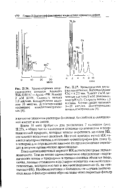 Всего 10 мин требуется для разделения 7 катионов (рис. 11.27), а общее число катионов и анионов органической и неорганической природы, которые можно определять методом ИХ, составляет несколько десятков. По этой причине метод ИХ является альтернативным для газовой хроматографии (см. главу I), в которой для определения анионов их предварительно переводят в летучие органические производные.