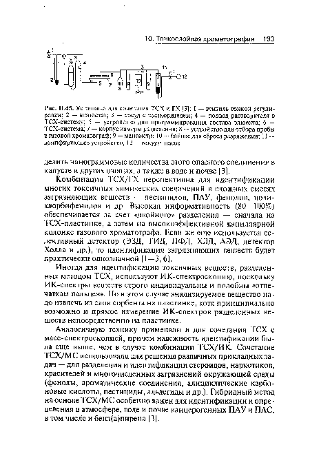 Иногда для идентификации токсичных веществ, разделенных методом ТСХ, используют ИК-спектроскопию, поскольку ИК-спектры веществ строго индивидуальны и подобны «отпечаткам пальцев». Но в этом случае анализируемое вещество надо извлечь из слоя сорбента на пластинке, хотя принципиально возможно и прямое измерение ИК-спектров разделенных веществ непосредственно на пластинке.