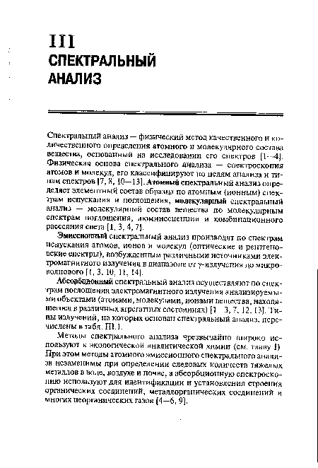 Методы спектрального анализа чрезвычайно широко используют в экологической аналитической химии (см. главу I). При этом методы атомного эмиссионного спектрального анализа незаменимы при определении следовых количеств тяжелых металлов в воде, воздухе и почве, а абсорбционную спектроскопию используют для идентификации и установления строения органических соединений, металл органических соединений и многих неорганических газов [4—6, 9].