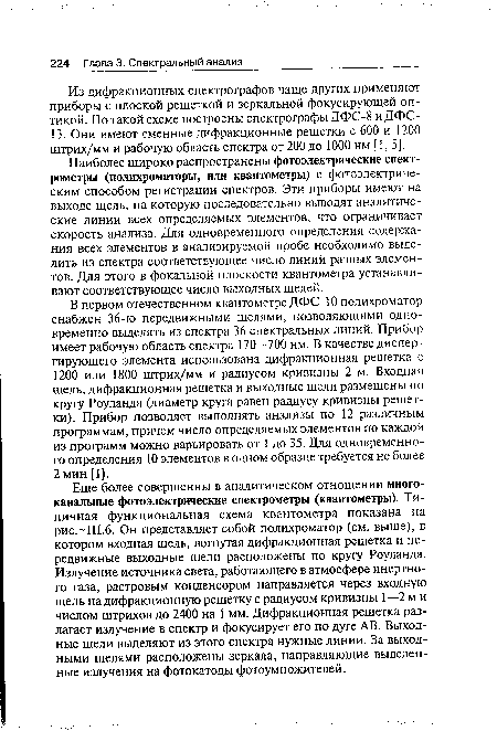 В первом отечественном квантометре ДФС-30 полихроматор снабжен 36-ю передвижными щелями, позволяющими одновременно выделять из спектра 36 спектральных линий. Прибор имеет рабочую область спектра 170—700 нм. В качестве диспергирующего элемента использована дифракционная решетка с 1200 или 1800 штрих/мм и радиусом кривизны 2 м. Входная щель, дифракционная решетка и выходные щели размещены по кругу Роуланда (диаметр круга равен радиусу кривизны решетки). Прибор позволяет выполнять анализы по 12 различным программам, причем число определяемых элементов по каждой из программ можно варьировать от 1 до 35. Для одновременного определения 10 элементов в одном образце требуется не более 2 мин [1].