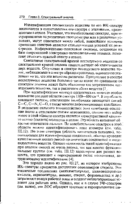 Идентификация неизвестного вещества по его ИК-спектру заключается в сопоставлении его спектра с эталонным, приведенным в атласе. Учитывая, что колебательные спектры, зарегистрированные на различных спектрометрах или в различных условиях, могут отличаться между собой, важнейшим условием сравнения спектров является стандартизация условий их регистрации. Информационно-поисковые системы, созданные на базе современной электронно-вычислительной техники, помогают отыскать нужный спектр в атласе.