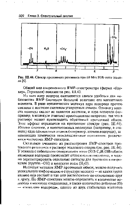 Спектр протонного резонанса при 60 Мгц 95%-ного этанола [6].