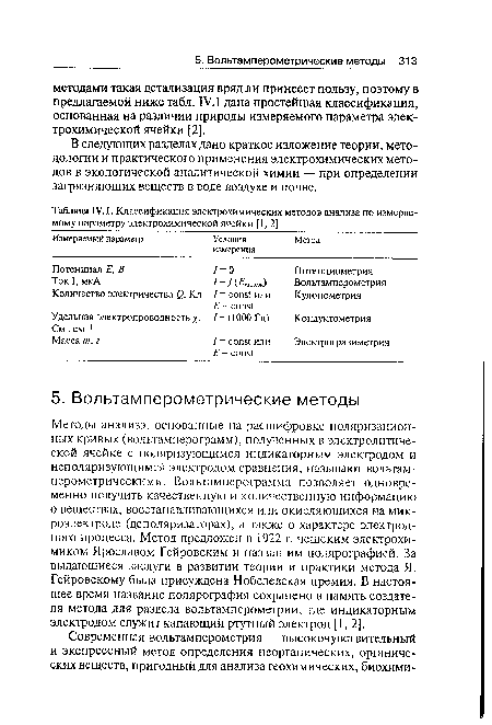 Методы анализа, основанные на расшифровке поляризационных кривых (вольтамперограмм), полученных в электролитической ячейке с поляризующимся индикаторным электродом и неполяризующимся электродом сравнения, называют вольтам-перометрическими. Вольтамперограмма позволяет одновременно получить качественную и количественную информацию о веществах, восстанавливающихся или окисляющихся на микроэлектроде (деполяризаторах), а также о характере электродного процесса. Метод предложен в 1922 г. чешским электрохимиком Ярославом Гейровским и назван им полярографией. За выдающиеся заслуги в развитии теории и практики метода Я. Гейровскому была присуждена Нобелевская премия. В настоящее время название полярография сохранено в память создателя метода для раздела вольтамперометрии, где индикаторным электродом служит капающий ртутный электрод [1,2].