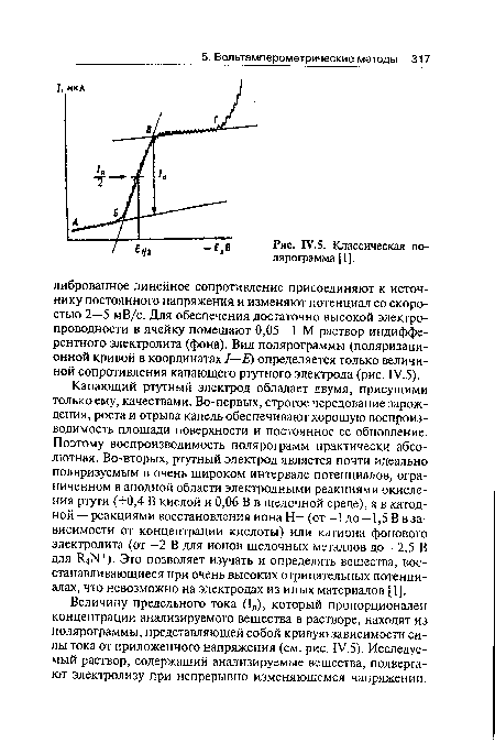 Величину предельного тока (1Д), который пропорционален концентрации анализируемого вещества в растворе, находят из полярограммы, представляющей собой кривую зависимости силы тока от приложенного напряжения (см. рис. 1У.5). Исследуемый раствор, содержащий анализируемые вещества, подвергают электролизу при непрерывно изменяющемся напряжении.