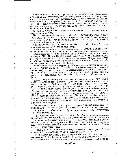 В качестве фильтрующего материала были опробованы латунные сетки, ткани из стеклянного волокна, хлорвиниловые, капроновые и хлопчатобумажные ткани. Для работы была принята капроновая ткань (артикул 1510). После 30—40-часовой работы ткань промывают водой, а в случае засорения гидратом окиси железа — 8—10%-ным раствором ингибиторной кислоты с последующей промывкой водой. Время, потребное на промывку, составляет 30—40 мин.