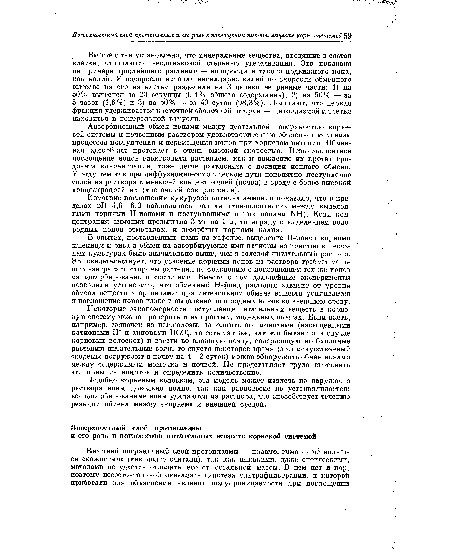 В опытах, поставленных нами на кафедре, выделение Н-ионов корнями пшеницы и риса в обмен н адсорбируемые ими катионы из ионитов в песчаных культурах было значительно выше, чем в солевой питательный раствор. Это свидетельствует, что усвоение корнями ионов из раствора требует меньших «затрат» со стороны растения по сравнению с поглощением тех же ионов из адсорбированного сосфяния. Вместе с тем дальнейшие эксперименты позволили установить, чтф обменный Н-фонд растения зависит от уровня обмена веществ в организме: при интенсивном обмене веществ усиливается и поглощение ионов извне и выделение водородных ионов во внешнюю среду.