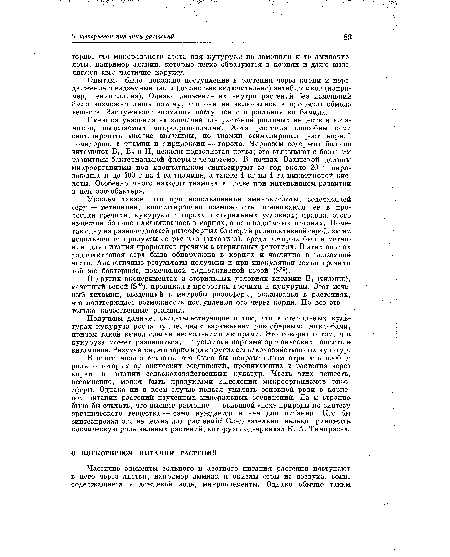 Укажем также, что при использовании аминокислоты, содержащей серу — метионина, констатирована возможность проникания ее в проростки гречихи, кукурузы и гороха в стерильных условиях; правда, этого вещества больше накапливалось в корнях, а не в надземных органах. Пометив одну из разновидностей ризосферных бактерий радиоактивной серой, затем использовали продукты ее распада (автолиза), среди которых был и метионин, для питания проростков гречихи в стерильных условиях. В этих опытах радиоактивная сера была обнаружена в корнях и частично в надземной части. Аналогичные результаты получены и при инокуляции семян гречихи той же бактерией, помеченной радиоактивной серой (Э35).