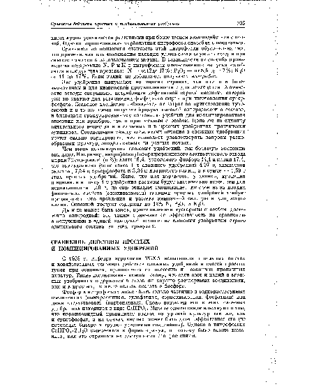 С 1958 г. кафедра агрохимии ТСХА испытывала в полевых опытах и хозяйственных условиях действие сложных удобрений и смесей простых туков при основном, припосевном их внесении и подкормке пропашных культур. Такие исследования важны потому, что если азот и калий в сложных удобрениях содержатся в столь же хорошо растворимых соединениях, как и в простых, то этого нельзя сказать о фосфоре.