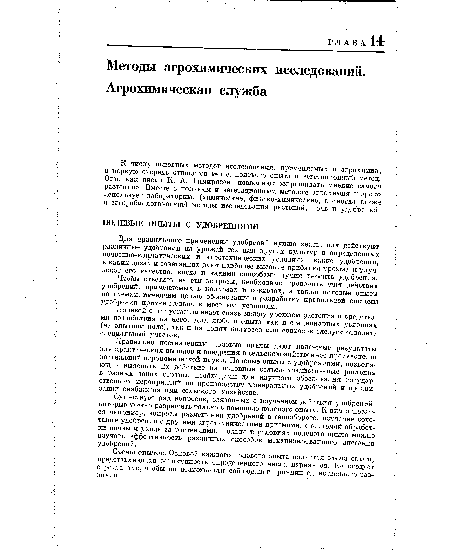 К числу основных методов исследования, применяемых в агрохимии, в первую очередь относятся метод полевого опыта и вегетационный метод. Они, как писал К. А. Тимирязев, позволяют «спрашивать мнение самого растения». Вместе с полевым и вегетационным методом агрохимия широко использует лабораторные (химические, физико-химические, а иногда также и микробиологические) методы исследования растений, почв и удобрений.