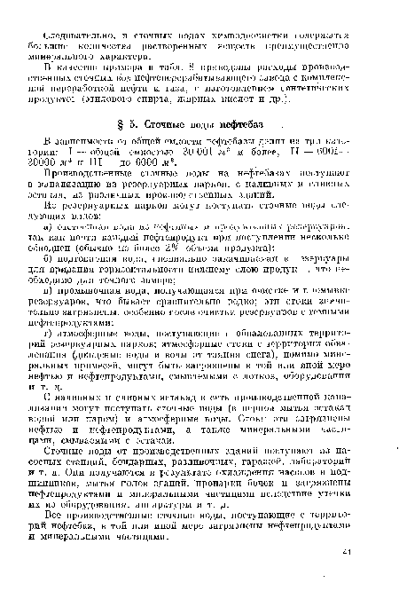 С наливных и сливных эстакад в сеть производственной канализации могут поступать сточные воды (в период мытья эстакад водой или паром) и атмосферные воды. Стоки эти загрязнены нефтью и нефтепродуктами, а также минеральными частицами, смываемыми с эстакад.