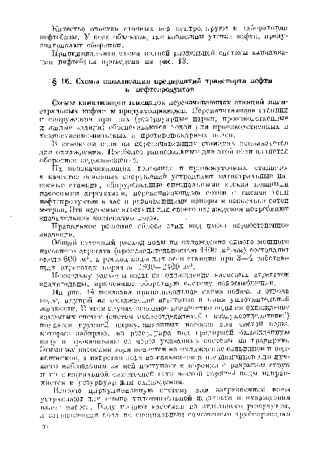 На рис. 14 показана принципиальная схема подачи и отвода воды, идущей на охлаждение агрегатов и смыв уплотнительной жидкости. В этом случае основное количество воды на охлаждение закрытых систем (систем маслоотделителей и воздухоотделителей) подается группой циркуляционных насосов для чистой воды, которые забирают из резервуара под градирней охлажденную воду и прокачивают ее через указанные системы на градирню. Этими же насосами вода подается на охлаждение сальников и подшипников, а нагретая вода из сальников и подшипников для лучшего наблюдения за иен поступает в воронки с разрывом струи и по специальной самотечной сеты чистой горячей воды направляется в резурвуар для охлаждения.