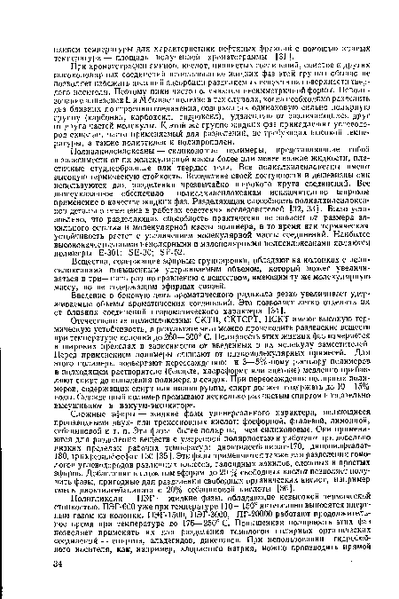 При хроматографии аминов, кислот, цианистых соединений, спиртов и других высокополярных соединений использование жидких фаз этой группы обычно не позволяет избежать явлений адсорбции разделяемых веществ на поверхности твердого носителя. Поэтому пики часто получаются несимметричной формы. Использование апиезоновЬ и М бывает полезно в тех случаях, когда необходимо разделить два близких по строению соединения, содержащих одинаковую сильно полярную группу (карбонил, карбоксил, гидроксил), удаленную от различающихся друг от друга частей молекулы. К этой же группе жидких фаз принадлежит углеводород сквалан, часто применяемый для разделений, не требующих высокой температуры, а также полиэтилен и полипропилен.