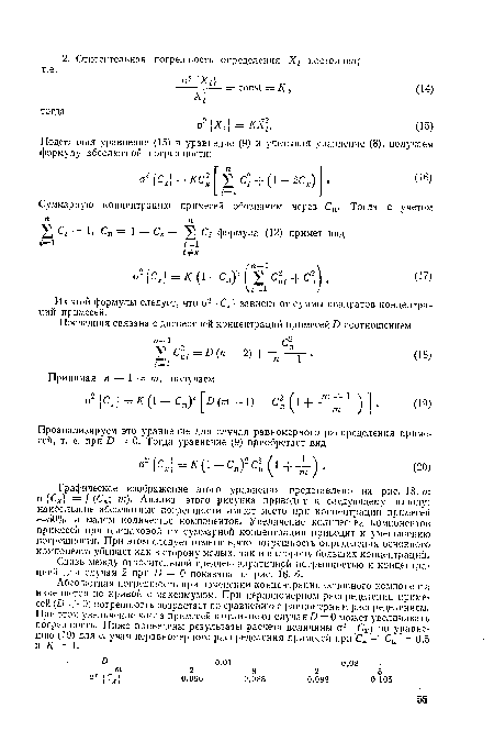 Графическое изображение этого уравнения представлено на рис. 18, а: о Сх = f (Сх; т). Анализ этого рисунка приводит к следующему выводу: наибольшие абсолютные погрешности имеют место при концентрации примесей 50% и малом количестве компонентов. Увеличение количества компонентов примесей при одинаковой их суммарной концентрации приводит к уменьшению погрешности. При этом следует отметить,что погрешность определения основного компонента убывает как в сторону малых, так и в сторону больших концентраций.