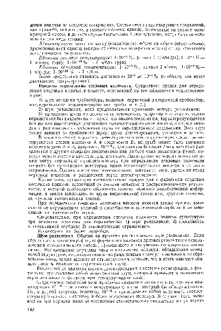 Следовательно, при определении следовых количеств веществ существуют три основные причины для ограничений: 1) шум разделения; 2) способность к селективной сорбции; 3) статистические ограничения.