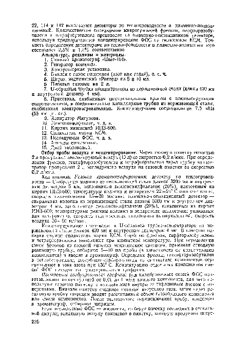 Концентрирование производят в и-образной трубке-концентраторе из нержавеющей стали длиной 420 мм и внутренним диаметром 4 мм. В качестве насадки служит силикагель марки КСМ. Сорбцию фреонов, перфторизобутилена и тетрафторэтилена выполняют при комнатной температуре. При определении смеси фреонов из газовой пипетки медицинским шприцем, применяя отводную резиновую трубку, отбирают 5—10 мл пробы (в зависимости от концентрации компонентов) и вводят в хроматограф. Определяя фреоны, гексафторизобутилен и тетрафторэтилен, десорбцию сорбированных на силикагеле компонентов осуществляют в токе азота при 130° С. Концентрацию отдельных компонентов смесей ФОС находят по градуировочным графикам.