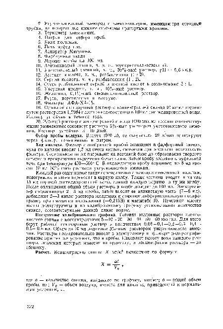 Ход анализа. Фильтр с отобранной пробой помещают в фарфоровый тигель, куда по каплям вводят 1,5 мл смеси кислот, смачивая при этом всю поверхность фильтра. Содержимое тигля нагревают на песчаной бане до образования твердого остатка и прекращения выделения белых газов. Затем пробу озоляют в муфельной печи при температуре 450—500° С. В охлажденную пробу порциями по 5 мл вносят 10 мл 30%-ного раствора уксуснокислого аммония.