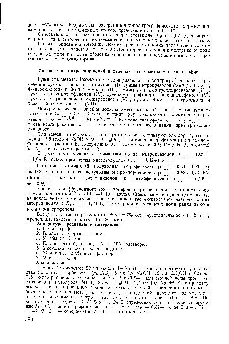 В указанных условиях суммарная волна нитрокрезолов Ех,2 = 1,02ч-ч-1,06 В, суммарная волна нитротолуолов £1(,2 = 0,82 ч-0,84 В.