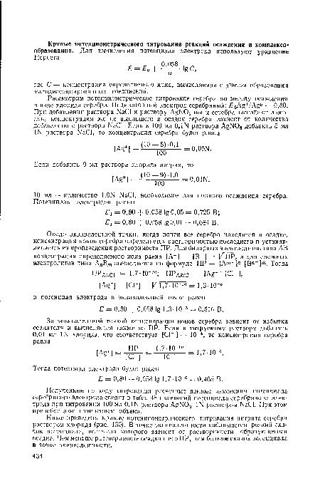 Полученные по ходу титрования расчетные данные изменения потенциала серебряного электрода сводят в табл. 48 изменений потенциала серебряного электрода при титровании 100 мл 0,Ш раствора AgN03 Ш раствором К аС1. При этом пренебрегают изменением объема.