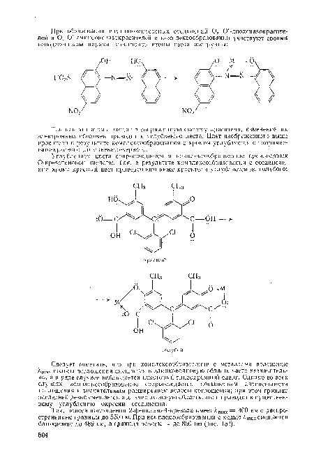 Так, полоса поглощения 2-фенилазо-4-крезола имеет Лшах = 400 нм с распространением границы до 550 нм. При комплексообразовании с медью лшах смещается батохромно до 489 нм, а граница полосы — до 850 нм (рис. 153).