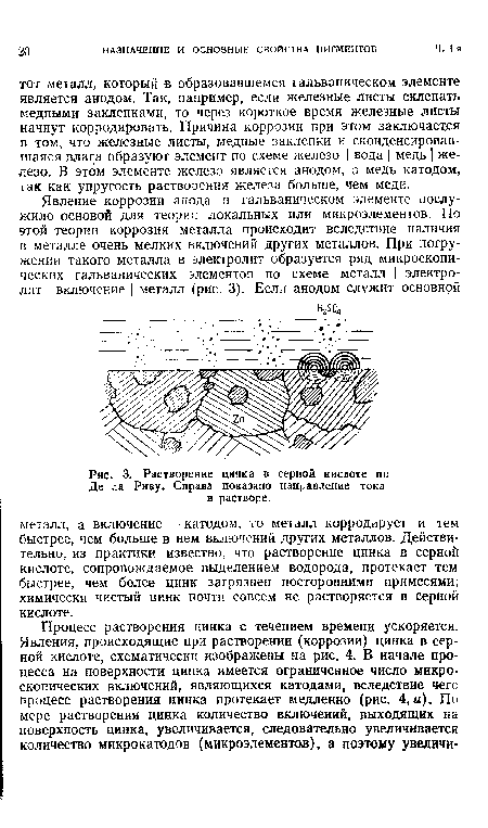 Растворение цинка в серной кислоте по Де ла Риву. Справа показано направление тока в растворе.