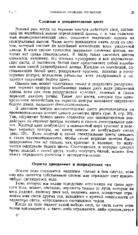 Тело, которое мы видим вследствие отражения им света другого тела, может, очевидно, отражать только те лучи, которые на него падают; поэтому цвет тел, видимых нами, вследствие отражения ими света других тел, находится в прямой зависимости от характера света, испускаемого светящимся телом.