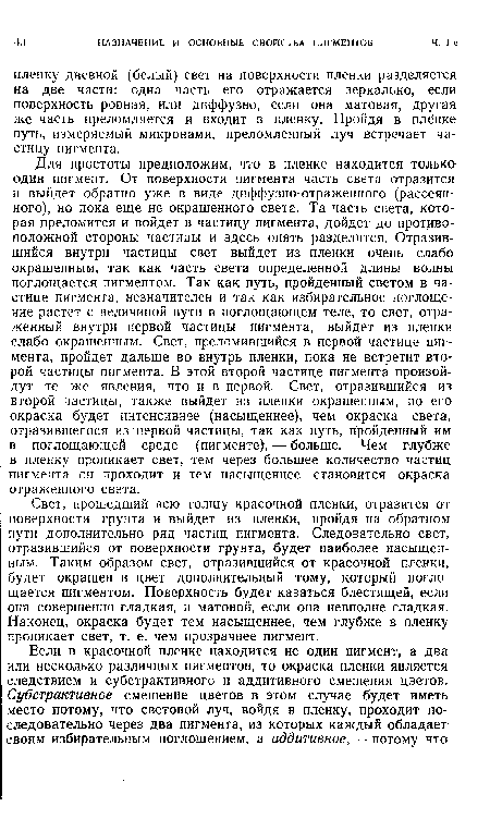 Свет, прошедший всю толщу красочной пленки, отразится от поверхности грунта и выйдет из пленки, пройдя на обратном пути дополнительно ряд частиц пигмента. Следовательно свет, отразившийся от поверхности грунта, будет наиболее насыщенным. Таким образом свет, отразившийся от красочной пленки, будет окрашен в цвет дополнительный тому, который поглощается пигментом. Поверхность будет казаться блестящей, если она совершенно гладкая, и матовой, если она невполне гладкая. Наконец, окраска будет тем насыщеннее, чем глубже в пленку проникает свет, т. е. чем прозрачнее пигмент.