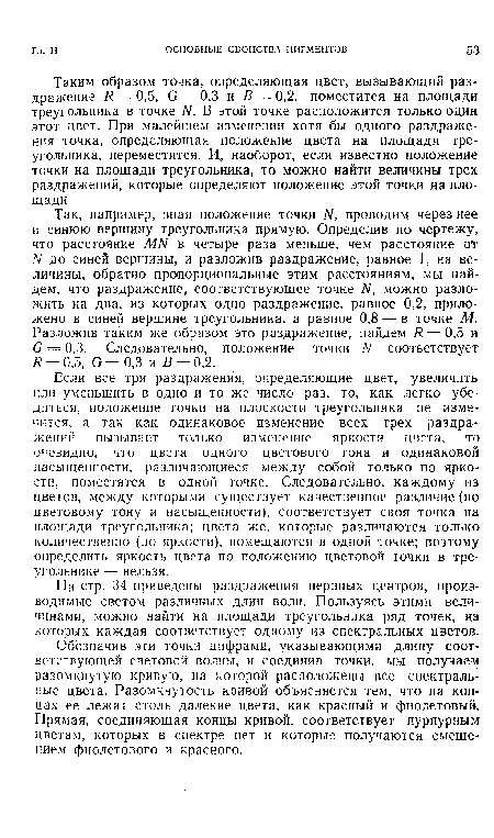 Таким образом точка, определяющая цвет, вызывающий раздражение Я = 0,5, 0 = 0,3 и В — 0,2, поместится на площади треугольника в точке N. В этой точке расположится только один этот цвет. При малейшем изменении хотя бы одного раздражения точка, определяющая положение цвета на площади треугольника, переместится. И, наоборот, если известно положение точки на площади треугольника, то можно найти величины трех раздражений, которые определяют положение этой точки на площади.