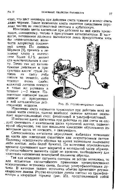 Изменение цвета пигментов при действии на них света происходит, повидимому, только в присутствии катализаторов. В частности, потемнение литопона вызывается лишь присутствием хотя бы незначительных количеств хлористых соединений цинка. По данным Шульца [9], примесь к литопону хлора в количестве более 0,1% делает его чувствительным к свету. Точно так же каталитически действует и присутствие влаги: сухой литопон на свету либо совсем не темнеет, либо темнеет очень слабо; влажный литопон темнеет в таких же условиях в течение 1—2 минут. Потемнение киновари также зависит от присутствия в ней каталитически дей- Рис> 25- Ртутно.кварцевая лампа.