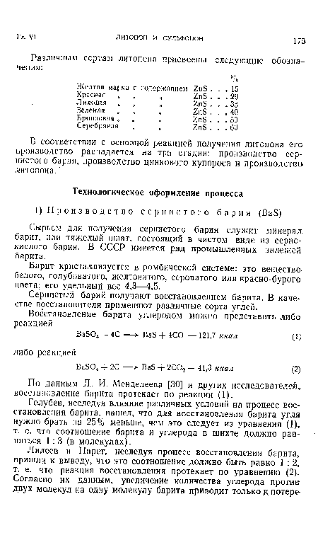 По данным Д. И. Менделеева [30] и других исследователей, восстановление барита протекает по реакции (1).