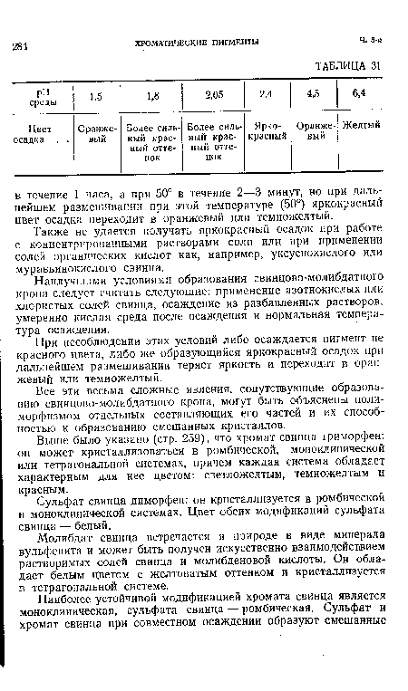 Наилучшими условиями образования свинцово-молибдатного крона следует считать следующие: применение азотнокислых или хлористых солей свинца, осаждение из разбавленных растворов, умеренно кислая среда после осаждения и нормальная температура осаждения.