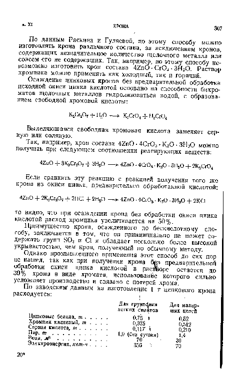 По данным Раскина и Гуляевой, по этому способу можно изготовлять крона различного состава, за исключением кронов, содержащих незначительное количество щелочного металла или совсем его не содержащих. Так, например, по этому способу невозможно изготовить крон состава 42пО ■ Сг03 • ЗНгО. Раствор хромпика можно применять как холодный, так и горячий.