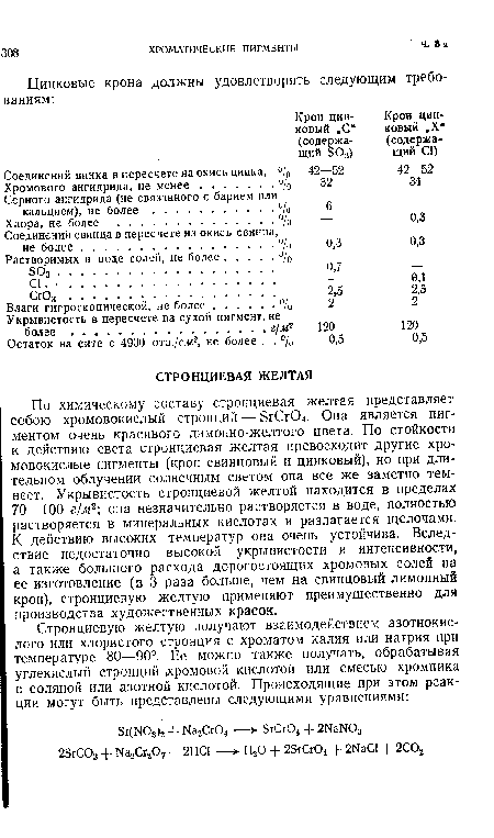 По химическому составу стронциевая желтая представляет собою хромовокислый стронций — 5гСг04. Она является пигментом очень красивого лимонно-желтого цвета. По стойкости к действию света стронциевая желтая превосходит другие хромовокислые пигменты (крон свинцовый и цинковый), но при длительном облучении солнечным светом она все же заметно темнеет. Укрывистость стронциевой желтой находится в пределах 70—100 г/лг2; она незначительно растворяется в воде, полностью растворяется в минеральных кислотах и разлагается щелочами. К действию высоких температур она очень устойчива. Вследствие недостаточно высокой укрывистости и интенсивности, а также большого расхода дорогостоящих хромовых солей на ее изготовление (в 3 раза больше, чем на свинцовый лимонный крон), стронциевую желтую применяют преимущественно для производства художественных красок.