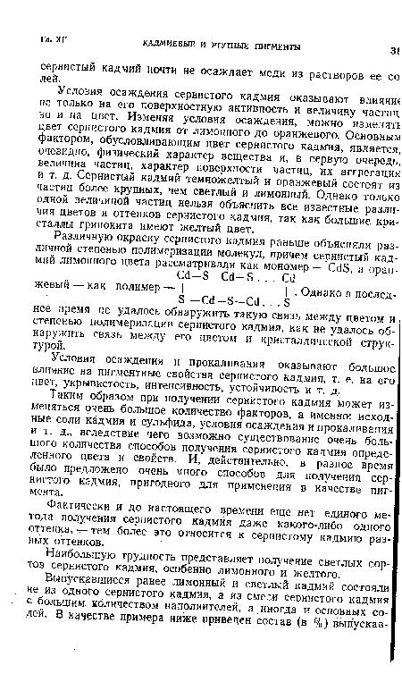 Условия осаждения и прокаливания оказывают большое влияние на пигментные свойства сернистого кадмия, т. е. на его цвет, укрывистость, интенсивность, устойчивость и т. д.