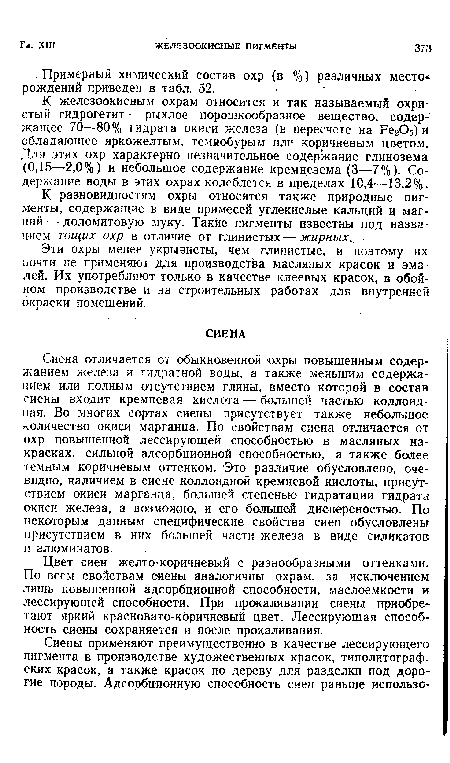 Сиена отличается от обыкновенной охры повышенным содержанием железа и гндратной воды, а также меньшим содержанием или полным отсутствием глины, вместо которой в состав сиены входит кремневая кислота — большей частью коллоидная. Во многих сортах сиены присутствует также небольшое количество окиси марганца. По свойствам сиена отличается от охр повышенной лессирующей способностью в масляных на-красках, сильной адсорбционной способностью, а также более темным коричневым оттенком. Это различие обусловлено, очевидно, наличием в сиене коллоидной кремневой кислоты, присутствием окиси марганца, большей степенью гидратации гидрата окиси железа, а возможно, и его большей дисперсностью. По некоторым данным специфические свойства сиен обусловлены присутствием в них большей части железа в виде силикатов н алюминатов.