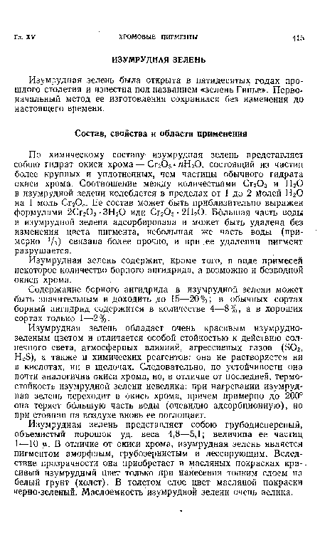 Изумрудная зелень представляет собою грубодисперсный, объемистый порошок уд. веса 4,8—5,1; величина ее частиц 1—10 у. В отличие от окиси хрома, изумрудная зелень является пигментом аморфным, грубозернистым и лессирующим. Вследствие прозрачности она приобретает в масляных покрасках кра--сивый изумрудный цвет только при нанесении тонким слоем на белый грунт (холст). В толстом слое цвет масляной покраски черно-зеленый. Маслоемкость изумрудной зелени очень велика.