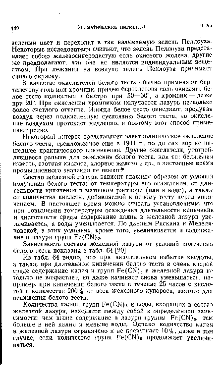 Состав железной лазури зависит главным образом от условий получения белого теста; от температуры его осаждения, от длительности кипячения в маточном растворе (или в воде), а также от количества кислоты, добавляемой к белому тесту перед кипячением. В настоящее время можно считать установленным, что при повышении температуры осаждения длительности кипячения и кислотности среды содержание калия в железной лазури увеличивается, а воды уменьшается. По данным Рискина и Меделя-новской, в этих условиях, кроме того, увеличивается и содержание в лазури групп Ре(СЬ1)б.