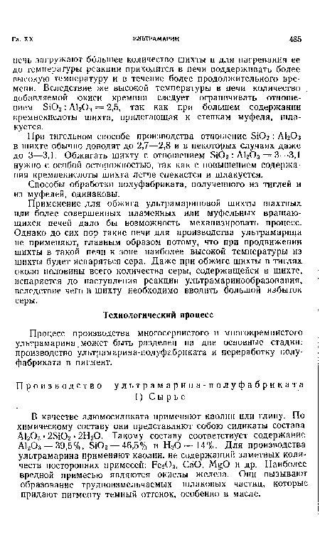 Процесс производства многосернистого и многокремнистого ультрамарина.может быть разделен на две основные стадии: производство ультрамарина-полуфабриката и переработку полуфабриката в пигмент.