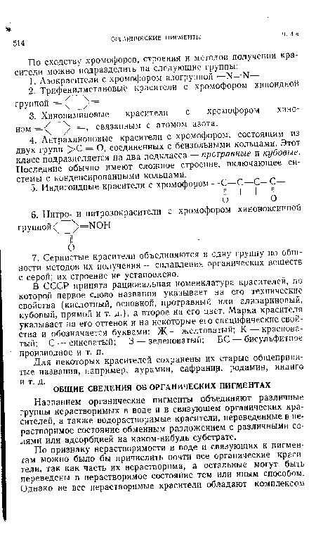 В СССР принята рациональная номенклатура красителей, по которой первое слово названия указывает на его технические свойства (кислотный, основной, протравный или ализариновый, кубовый, прямой и т. д.), а второе на его цвет. Марка красителя указывает на его оттенок и на некоторые его специфические свойства и обозначается буквами: Ж — желтоватый; К — красноватый; С — синеватый; 3 — зеленоватый; БС — бисульфитное производное и т. п.