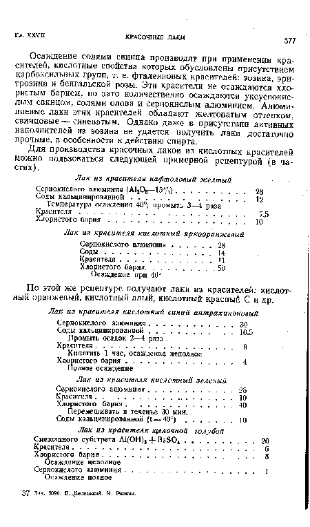 По этой же рецептуре получают лаки из красителей: кислотный оранжевый, кислотный алый, кислотный красный С и др.