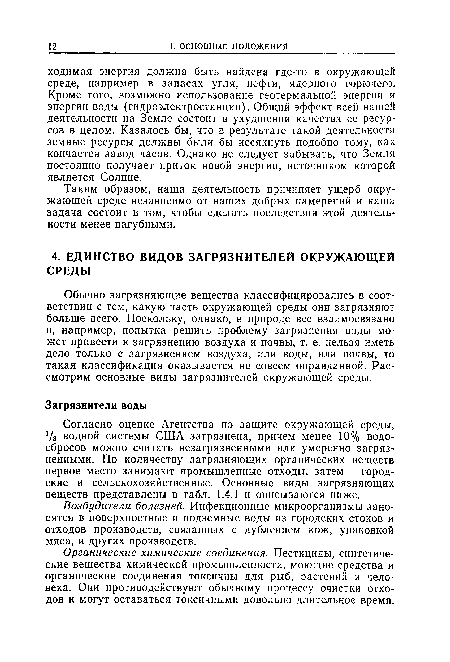 Согласно оценке Агентства по защите окружающей среды, /з водной системы США загрязнена, причем менее 10% водосбросов можно считать незагрязненными или умеренно загрязненными. По количеству загрязняющих органических веществ первое место занимают промышленные отходы, затем — городские и сельскохозяйственные. Основные виды загрязняющих веществ представлены в табл. 1.4.1 и описываются ниже.