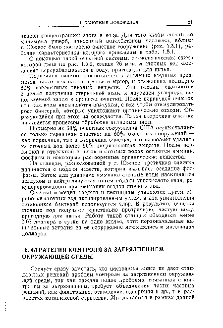 На станции, расположенной у г. Южное, третичная очистка начинается с подачи извести, которая вызывает оседание фосфатов. Затем для удаления аммиака сточные воды насыщаются воздухом и нейтрализуются путем подачи углекислого газа, рекуперированного при сжигании осадка сточных вод.