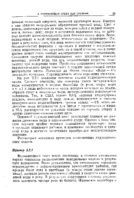 Основной гидрологический цикл определяет главное направление движения воды в окружающей среде. Однако в большинстве случаев крайне важным оказывается круговорот воды в пределах отдельных районов, и изменение количества и качества воды в местных источниках приобретает исключительное значение.