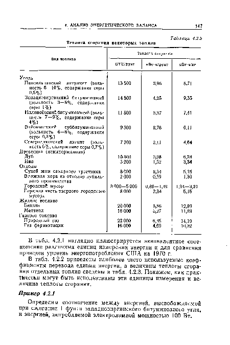 В табл. 4.2.1 наглядно иллюстрируется эквивалентное соотношение различных единиц измерения энергии и для сравнения приведен уровень энергопотребления США на 1970 г.