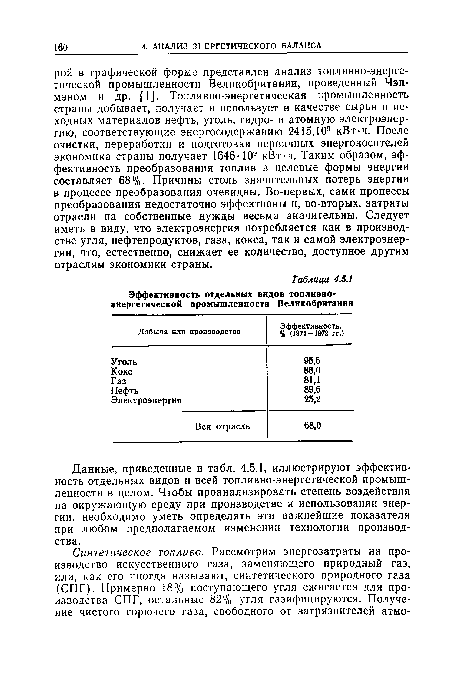 Данные, приведенные в табл. 4.5.1, иллюстрируют эффективность отдельных видов и всей топливно-энергетической промышленности в целом. Чтобы проанализировать степень воздействия на окружающую среду при производстве и использовании энергии, необходимо уметь определять эти важнейшие показатели при любом предполагаемом изменении технологии производства.