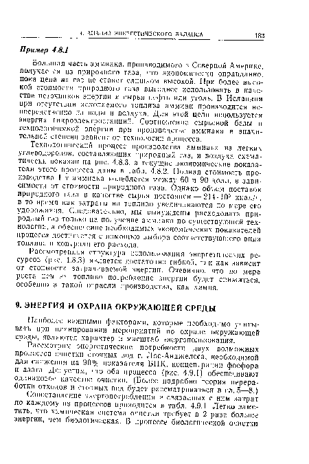 Большая часть аммиака, производимого в Северной Америке, получается из природного газа, что экономически оправданно, пока цена на газ не станет слишком высокой. При более высокой стоимости природного газа выгоднее использовать в качестве источников энергии и сырья нефть или уголь. В Исландии при отсутствии ископаемого топлива аммиак производится непосредственно из воды и воздуха. Для этой цели используется энергия гидроэлектростанций. Соотношение сырьевой базы и технологической энергии при производстве аммиака в значительной степени зависит от технологии процесса.